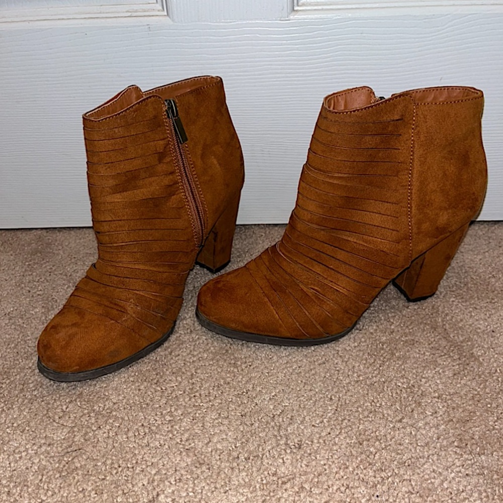 Tan Heeled Booties Faux Suede